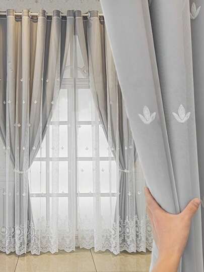 1 件优质刺绣双层透明遮光窗帘，适用于卧室或客厅，轻巧防尘，适合所有季节，使房间变暗