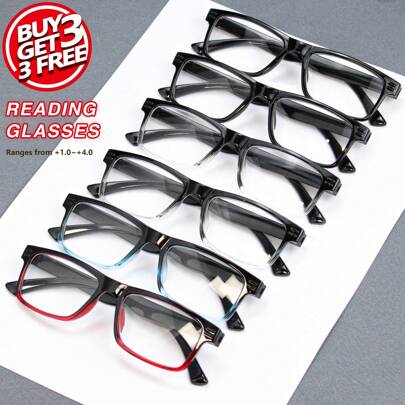 6pcs Classic Square Reading Glasses, Black Frames With Gradient Transparent Colors, Comfortable Ultra-Light Frames, Daily Reading Glasses Accessories For Women Glasses