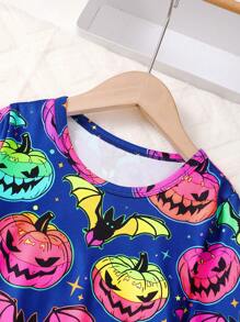 2pcs/Set Halloween Night Glow Bat & Pumpkin Print Long Sleeve T-Shirt + Pants, Casual & Comfy Outfit, Glow Effect Only Appears Under Purple Light - Multicolor - View 4