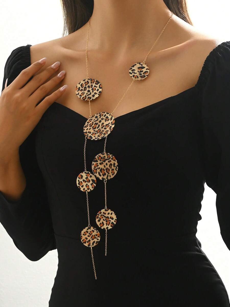 1 件简约时尚新款创意豹纹 Y 形长项链，朋克风格，秋冬