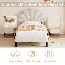 Flieks 3ft Single Upholstered Velvet Bed Frame, With Adjustable Chic Petal Headboard, Velvet Platform Bed Frame With Solid Wood Slat, No Box Spring Needed, Easy Assembly - Beige - View 6