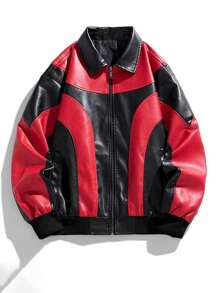 撞色运动 PU 皮夹克，男友风格男士防风保暖翻领摩托车外套，秋季
