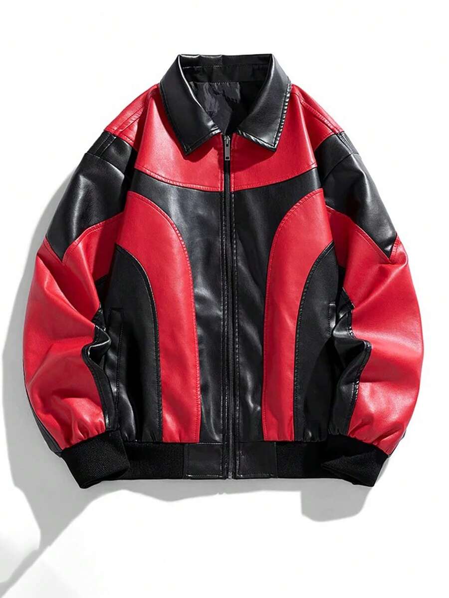 撞色运动 PU 皮夹克，男友风格男士防风保暖翻领摩托车外套，秋季
