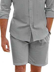 Men's Summer Shirt Casual Two Piece Set With Shorts - Xám - Xem 2