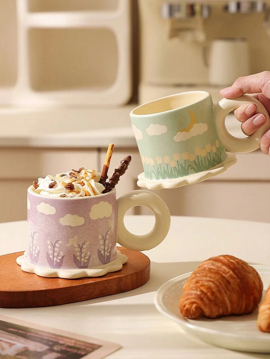 1 Stück Vintage Blumenmuster Keramikbecher, hochwertige Trinkware mit großem Fassungsvermögen für Zuhause, Frühstück, Milch & Kaffee, Geschenk für Freunde