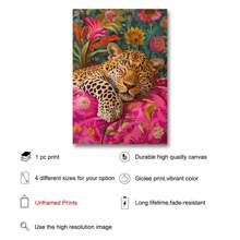 1pc Unframed Cute Sleeping Leopard Canvas Poster Colorful Floral Animal Art Painting Print Wall Picture For Dorm,Apartment,Living Room,Bedroom,Modern Home Decoration - Multicolor - View 5