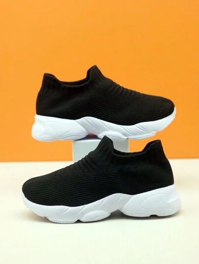 Zapatillas deportivas de punto negro y blanco para niños, zapatos deportivos casuales, ligeros y cómodos