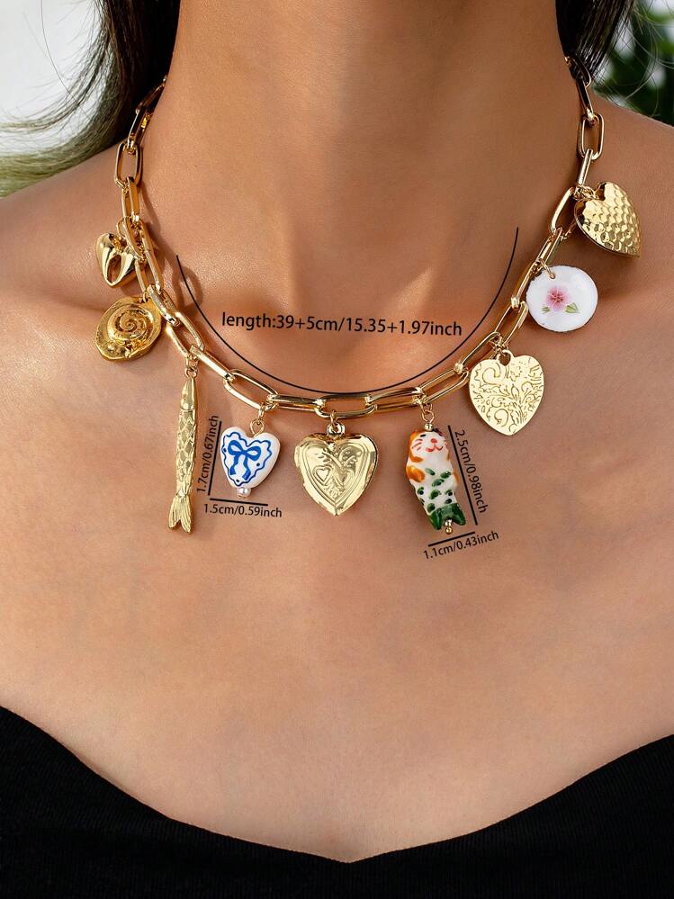 1 pezzo Piatto in ceramica dipinto a mano con gatto e collana con ciondolo a forma di cuore (il colore e il motivo possono variare leggermente a causa degli accessori in ceramica
