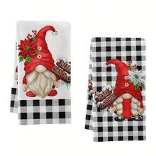 2 件圣诞侏儒厨房毛巾套装 - 柔软吸水超细纤维洗碗布和手巾，非常适合节日装饰，非常适合烹饪、烘焙和清洁 - 彩色 - 查看 1