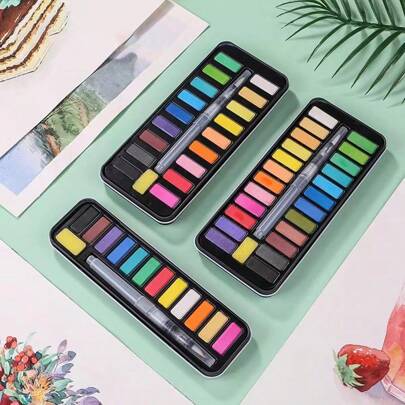 1pc Iron Box 12-Color Solid Watercolor Paint Set, With Water Brush Pen, Palette, Complete Art Supplies For Beginners Back To School