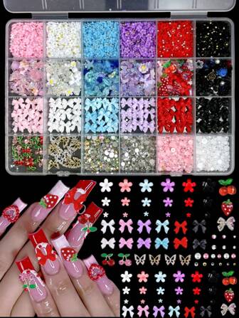 Ensemble de 24 pièces de décoration pour nail art : papillons ajourés en alliage, cerises, strass plats, nœuds 3D, mini-fleurs multicolores, petites perles métalliques et perles