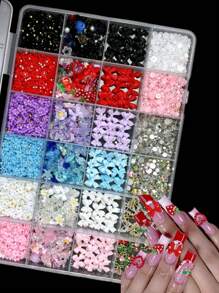 Bộ 24 món/bộ hợp kim hình bướm rỗng, anh đào, đá giả phẳng, nơ 3D, hoa nhiều màu mini, hạt kim loại nhỏ, ngọc trai, đồ trang trí móng nghệ thuật tự làm, dụng cụ làm móng, phụ kiện làm móng, mặt dây chuyền, đá quý làm móng - Nhiều màu - Xem 3