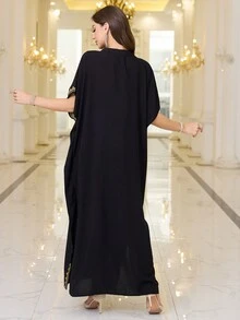 Black Embroidered Arabic Style Standing Collar Dress Thobe For Women House Dress Kaftan - Black - View 2
