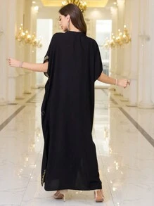 Black Embroidered Arabic Style Standing Collar Dress Thobe For Women House Dress Kaftan