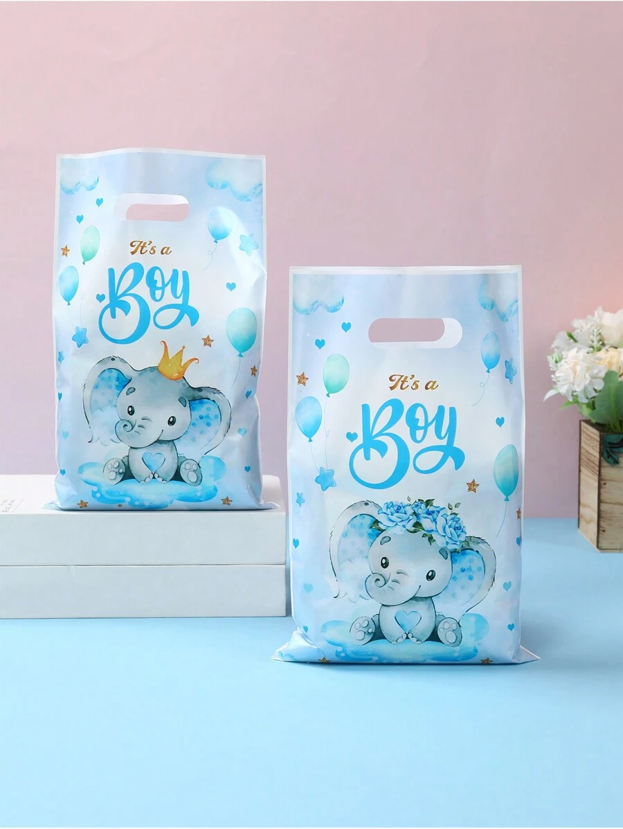 10/25/50 件，蓝色小象礼品手提袋，塑料礼品袋，性别公开主题王子生日派对礼品包装用品宝贝淋浴婚礼派对用品礼品袋包装
