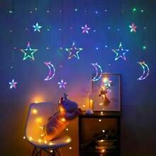 Luces de cadena con estrellas y lunas, operadas con batería con control remoto, luces de cortina LED, guirnalda solar, luces LED con estrellas y lunas, para decoración de Ramadán, dormitorio, boda nórdica, fiesta, jardín, camping, patio, decoración navideña, interior y exterior, decoración del hogar, decoración de fiestas, decoración de vacaciones, regalo de Navidad, adornos del árbol de Navidad