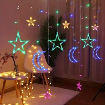 Star & Moon String Lights, Battery Operated With Remote Control LED Curtain Lights Christmas Wreath Solar Fairy Lights Star & Moon LED Lights, For Ramadan Bedroom, Nordic Holiday Wedding Party Garden Camping Yard Decor,Christmas Decor Outdoor Christmas Light Bedroom Decor Home Decor Party Decor Holiday Festivalchristmas Gift Thanksgiving Christmas Tree Decor Ornaments