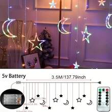 Luces de cadena con estrellas y lunas, operadas con batería con control remoto, luces de cortina LED, guirnalda solar, luces LED con estrellas y lunas, para decoración de Ramadán, dormitorio, boda nórdica, fiesta, jardín, camping, patio, decoración navideña, interior y exterior, decoración del hogar, decoración de fiestas, decoración de vacaciones, regalo de Navidad, adornos del árbol de Navidad