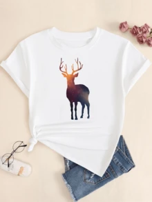 Starry Sky Deer T-Shirt Women's Blouse Print Premium Comfort Casual Streetwear - 白色 - 查看 1