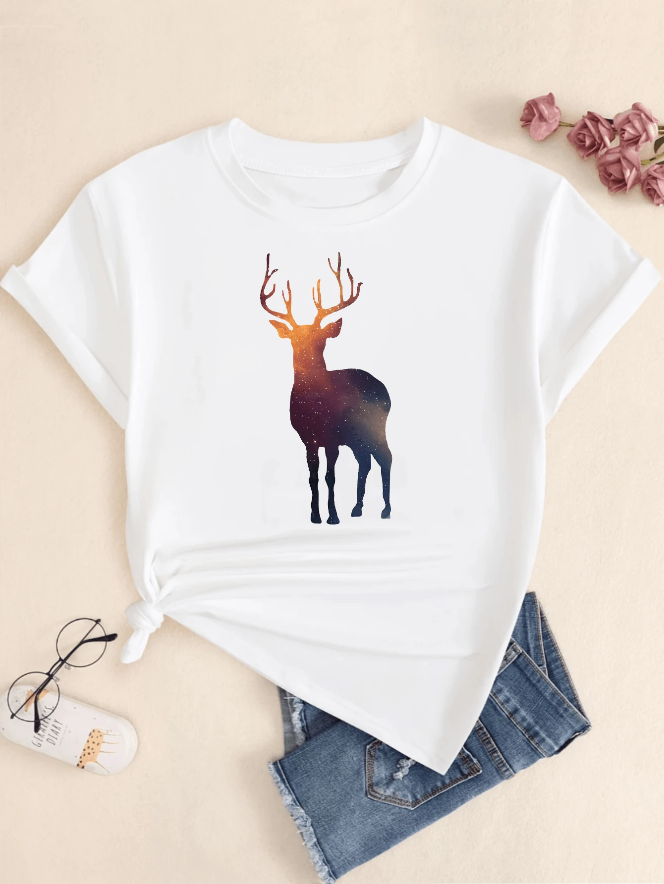 Starry Sky Deer T-Shirt Women's Blouse Print Premium Comfort Casual Streetwear - 白色 - 查看 1