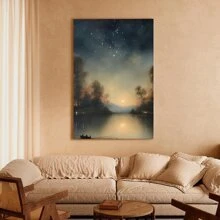 1 Pc Framed Canvas Wall Art Vintage Star Gazing Oil Painting, Vintage Landscape Wall Art, Moon And Stars Wall Decor, Stargazing Landscape Landscape Oil Painting For Living Room Bedroom - 彩色 - 查看 2