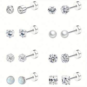 8 对钛耳钉，防过敏，适合敏感耳朵，不锈钢 20G 软骨耳环，蛋白石 CZ 珍珠小耳环，男女皆宜