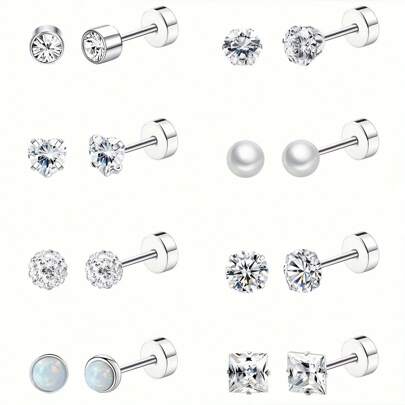 8 对钛耳钉，防过敏，适合敏感耳朵，不锈钢 20G 软骨耳环，蛋白石 CZ 珍珠小耳环，男女皆宜
