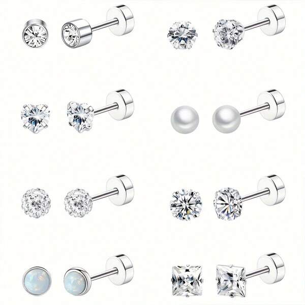 8 Pairs Titanium Stud Earrings, Hypoallergenic For Sensitive Ears, Stainless Steel 20G Cartilage Earrings, Opal CZ Pearl Small Sleeper Earrings For Women & Men