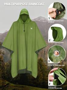UNIQUEBELLA 一体式雨衣男女通用防水雨披可重复使用长款骑行雨披带拉绳和钩环，适合户外活动 - 軍綠色 - 查看 2