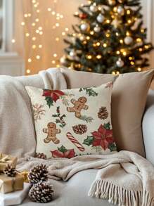 1pc Christmas Gingerbread Man, Pine Cone, And Holly Leaf Pattern Decorative Cushion Cover, Modern Fabric Velvet Print Throw Pillow Sham For Sofa/Living Room Christmas Home Decor, No Filler.