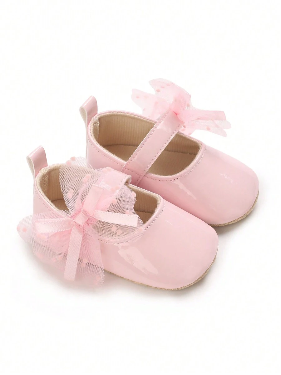 春夏玛丽珍新生儿鞋，0-1岁女婴可爱蝴蝶结公主鞋 - 粉色 - 查看 1