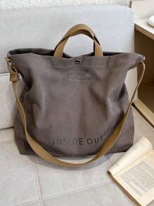 Sac fourre-tout en canevas vintage avec imprimé de lettres, sac à main, sac à bandoulière, sac bandoulière, sac fourre-tout polyvalent décontracté pour hommes et femmes, trajets, travail, école, voyage - Gris foncé - Voir 4
