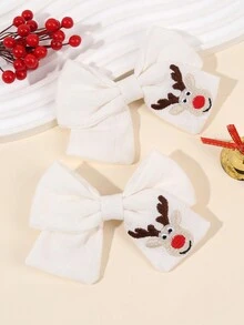 2pcs Christmas Reindeer Embroidered Sailor Hair Bow For Girls, Reindeer Pattern White Fabric Bow Alligator Clips With Full Lined ,Elegant Bow Hair Clips For Christmas Party Favor Gifts,Women Hair Accessories. - Christmas Deer - View 3