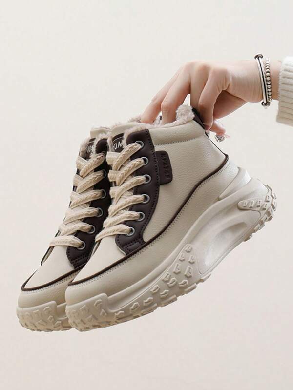 2025 Otoño/Invierno Nuevos zapatos de mujer marrones, zapatos cálidos, zapatos casuales de moda para mujer, zapatillas con suela gruesa, zapatos con cordones, botas de tobillo cómodas de motocicleta, zapatos con suela gruesa, zapatos de mujer, botas de nieve forradas térmicas y con suela gruesa, zapatillas chunky casuales, zapatillas de moda marrones