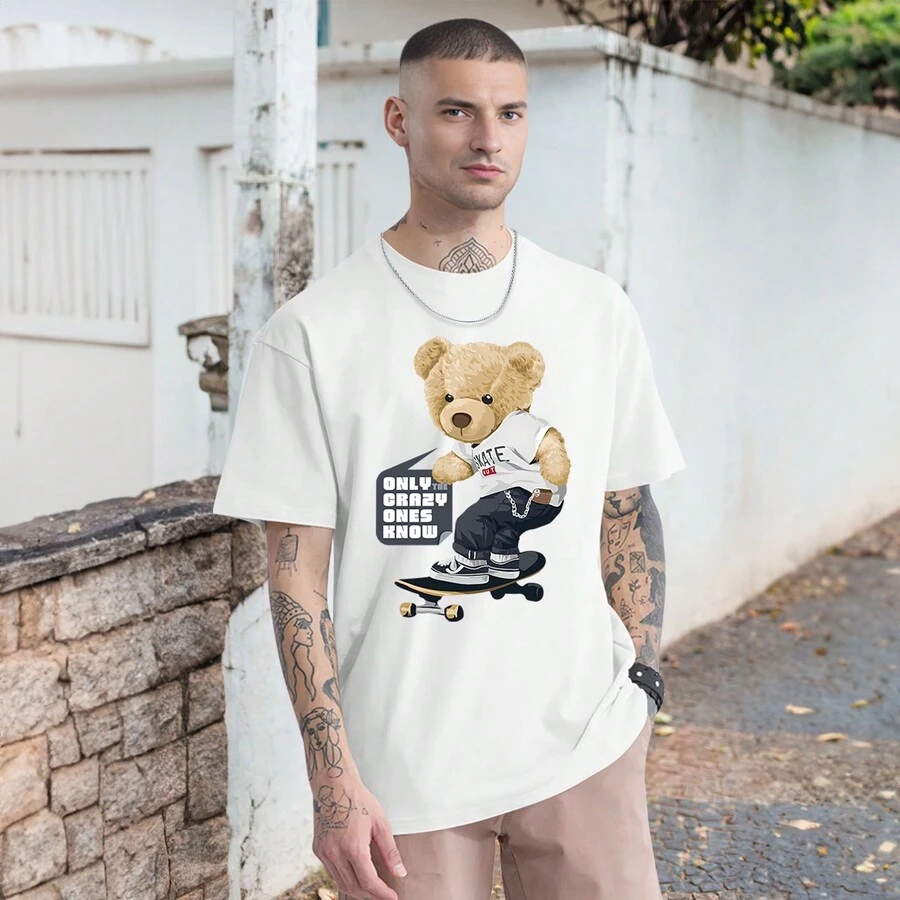Skater Bear T-Shirt Crazy Custom T Shirt Skate Oversized Streetwear - 白色 - 查看 1