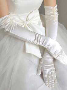 1双女式超长肘上双排仿珍珠塔夫绸缎面新娘婚礼手套秋季配饰 - 彩色 - 查看 3