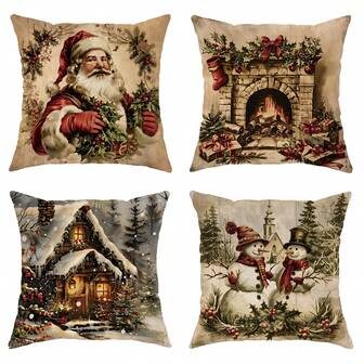 4pcs Velvet Christmas Snowman Santa Claus Fireplace Holly Throw Pillow Covers Farmhouse Vintage Funny Brown Red Green Soft Decorative Pillowcases One Sided Printing18in*18in For Xmas Living Room Bedroom Sofa Bed Decoration Without Pillow Inserts