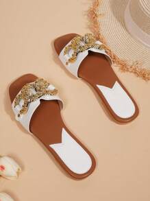 Sandalias planas tipo chanclas con puntera cuadrada, nuevas para primavera/verano 2023, con decoración perlada y transparente para mujeres - Blanco - Ver 4