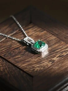 1 pieza Collar colgante con Marco cuadrado de plata de ley 925 chapado en oro blanco, circonita cúbica y esmeralda de laboratorio, estilo lujoso y vintage de palacio, cadena para clavícula, adecuado como regalo para el Día de San Valentín, aniversario de bodas, Navidad, Acción de Gracias, para novia, esposa, madre, abuela