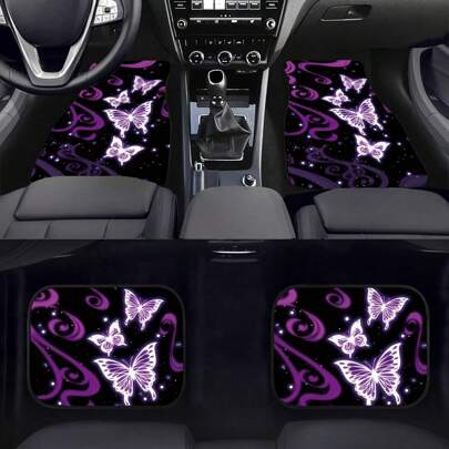 Easypie Selection Conjunto Completo de 4 peças/2 peças Tapetes de Chão para Carro, Capa de Volante de Carro, Acessórios Universais para Mulheres, Decoração de Interior de Carro, Borboleta Roxa Brilhante, Tapetes de Assento de Carro, Tapetes de Chão Dianteiro e Traseiro do Carro com Estampa de Borboleta Roxa, Tapetes de Chão Roxos para Decoração de Acessórios de Carro