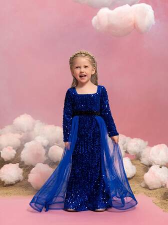 Lyxig paljettklänning för barn för ung flicka - Långärmad, fyrkantig halsringning, åtsittande sjöjungfruklänning, golvlång klänning med kontrasterande midja, spetskjol i tyll och glittrig festdesign för speciella tillfällen