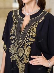 Black Embroidered Arabic Style Standing Collar Dress Thobe For Women House Dress Kaftan