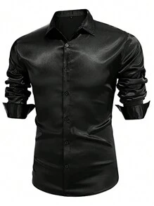 Men's Luxury Bright Silk Ball Dress Shirt Long Sleeve Casual Slim Muscle Button Down Shirt