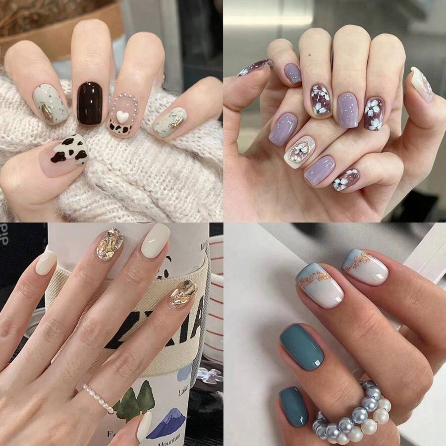 96Pcs French Cute Short Press-On Nails Square, Haze Blue, Taro Purple, Milky White Champagne Flash Full Diamond Nail Art With Black Tea Milk Cow Pattern And Heart Pearl Design, Gentle Temperament Short False Nail Patches, Full Coverage Fake Nails For Women Girls