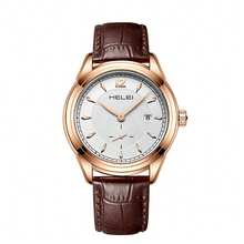 1 件男士商务腕表，皮革表带，双针半日历防水石英表，石英机芯手表 - 彩色 - 查看 13