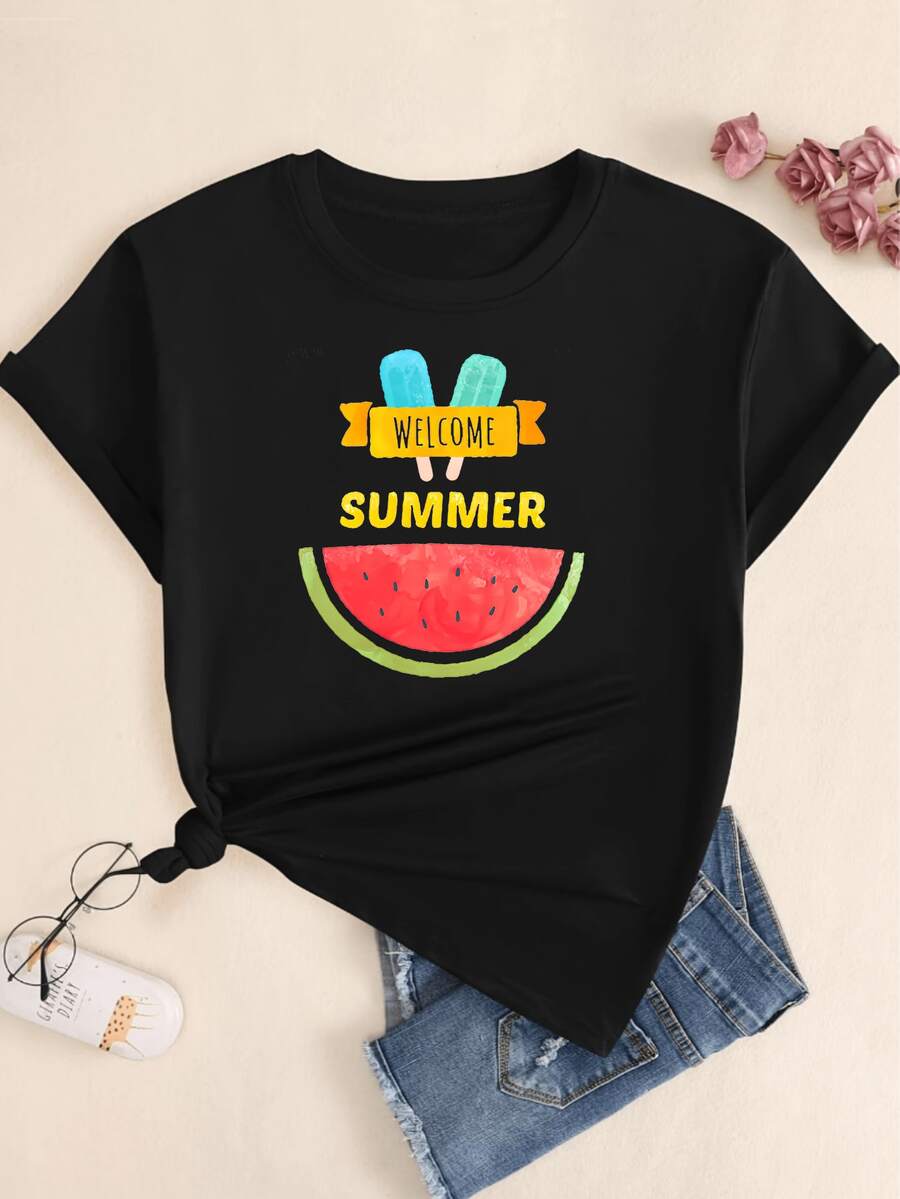 Popsicles And Watermelon T-Shirt Women's Blouse Premium Print Comfort Casual Streetwear - màu đen - Xem 1