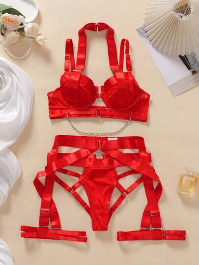 Lingerie Set For Women Sexy Strappy Lingerie Underwire Push Up Bra Garter Set Lingerie With Chain