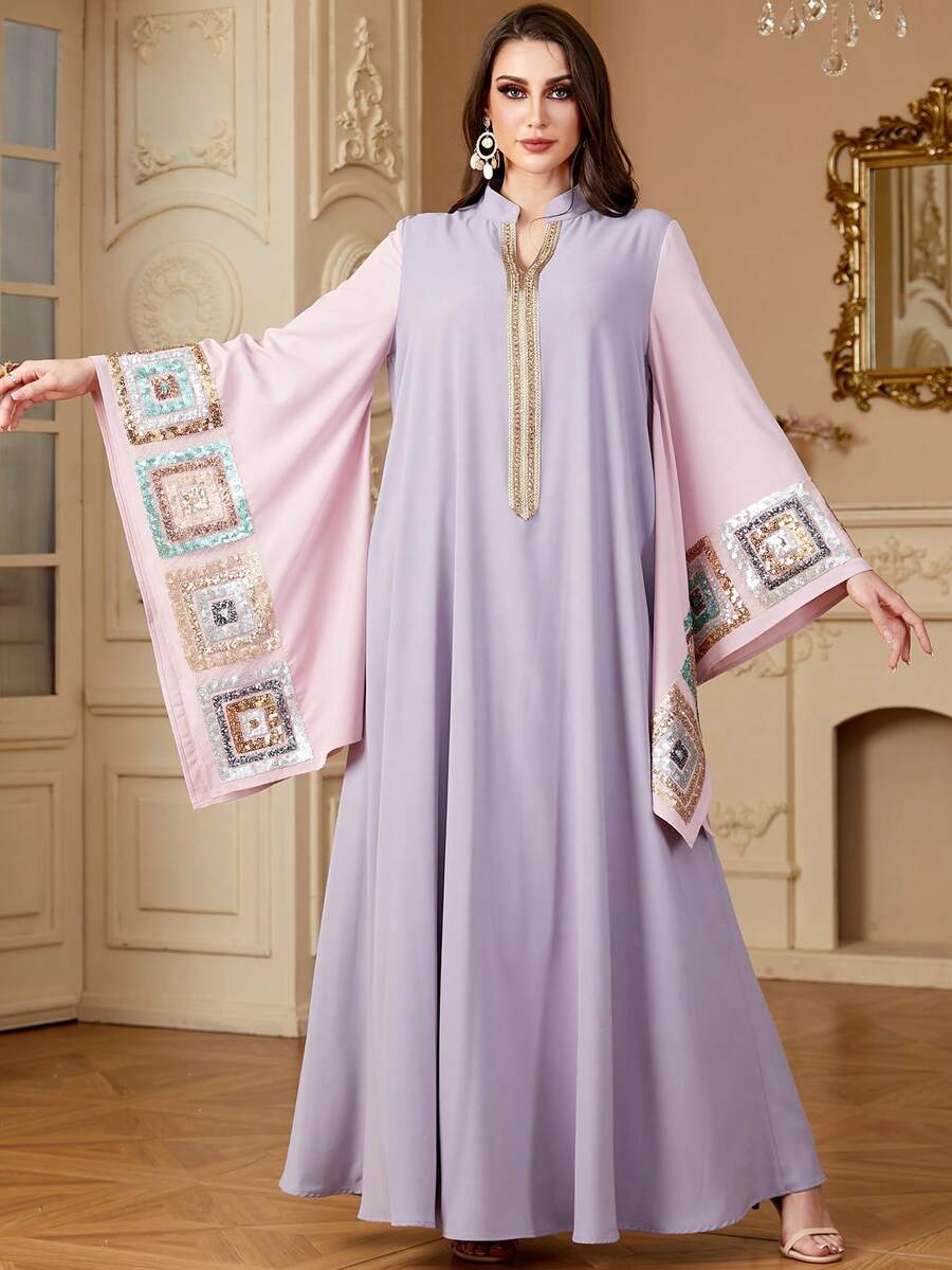 Siskakia Sequins Abaya For Woman Lace Tape Rhinestones Notched Stand Collar Flare Sleeve Elegant Modest Long Sleeve Loose Moroccan Saudi Kaftan Spring