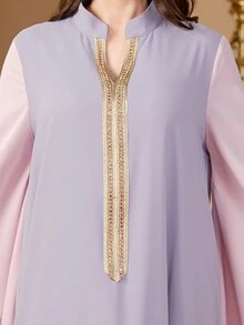 Solessence Abaya Siskakia pour femme avec sequins, bande en dentelle, diamants, col montant évasé, manches évasées, élégant et modeste, manches longues, ample, kaftan marocain saoudien - Prune - Voir 8