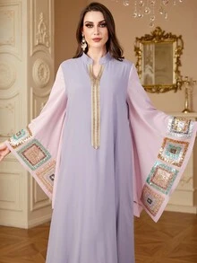 Solessence Abaya Siskakia pour femme avec sequins, bande en dentelle, diamants, col montant évasé, manches évasées, élégant et modeste, manches longues, ample, kaftan marocain saoudien - Prune - Voir 10